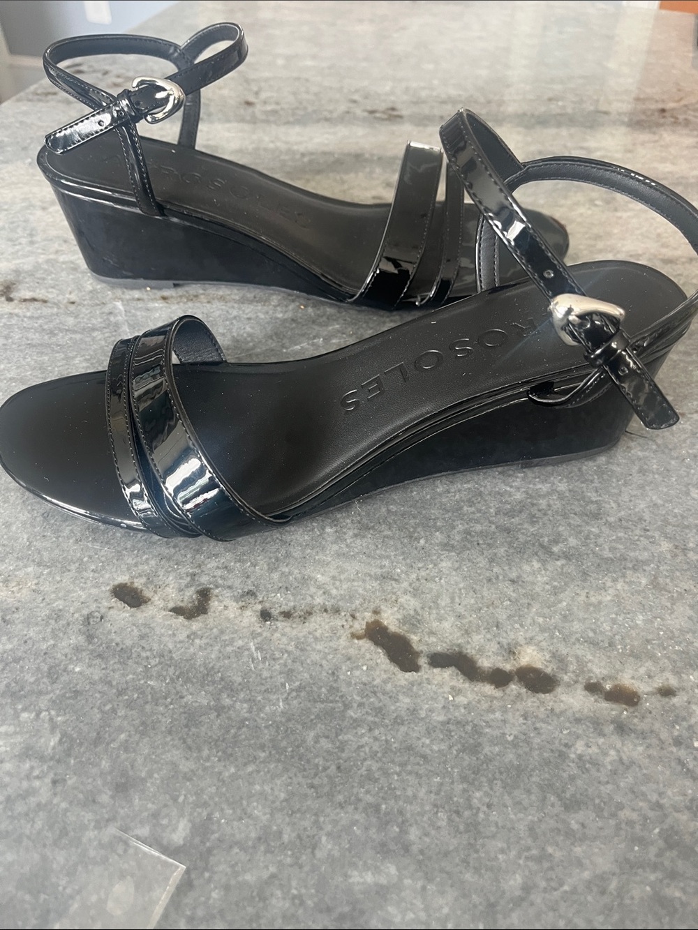 AEROSOLES Black Patent Two-Strap Ankle Sandals